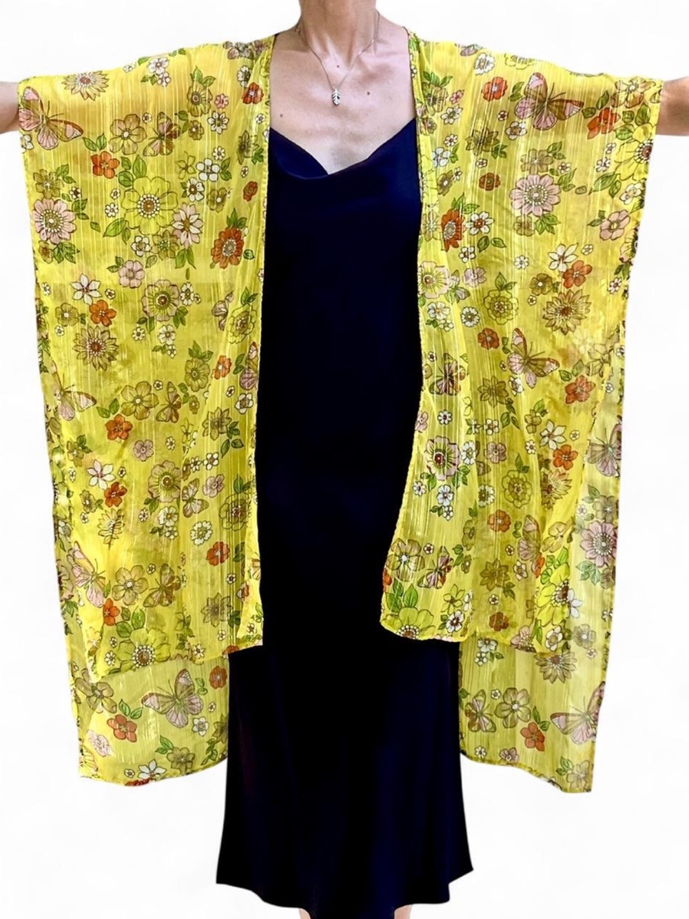 Vintage Floral Sheer Summer Kimono/Duster With Butterflies & Gold Threading